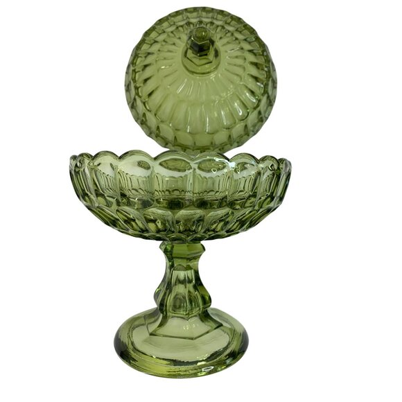 Rare Large Vintage 60s Green Fenton Glass Dish Pedestal Facet Covered 6975 - Picture 10 of 13